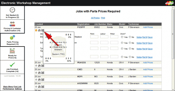 Parts pricing screen functions
