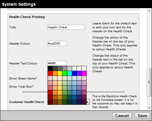 Shows where to change the settings of a health check print out