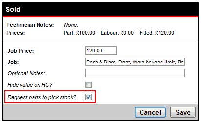 Pick Stock Send to Parts at Customer Authorisation Screen - Sold