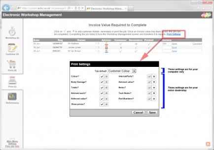 View of the print settings screen for electronic vehicle checks